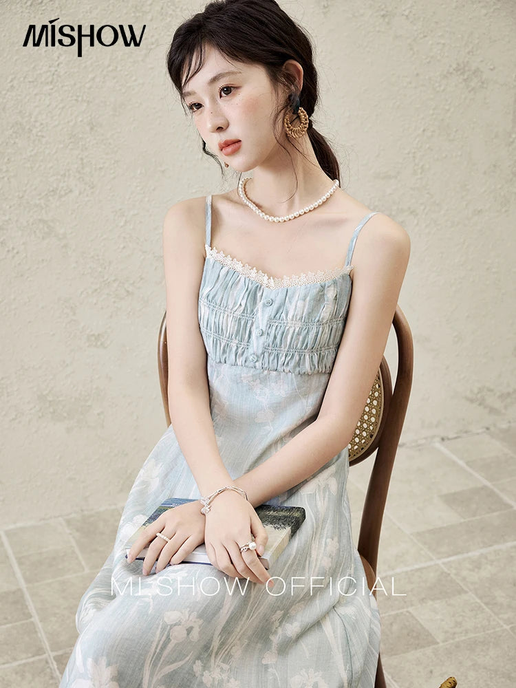 Mishow Print Square Collar Sleeveless Suspender Dress MXE16L2127