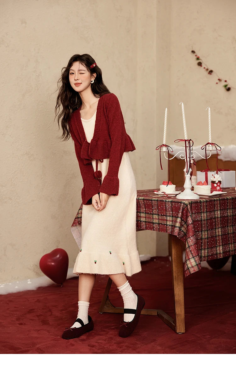 Mishow Pom-Pom Lace-Up Cardigan & Ruffle Strap Dress Set MXD59L2133