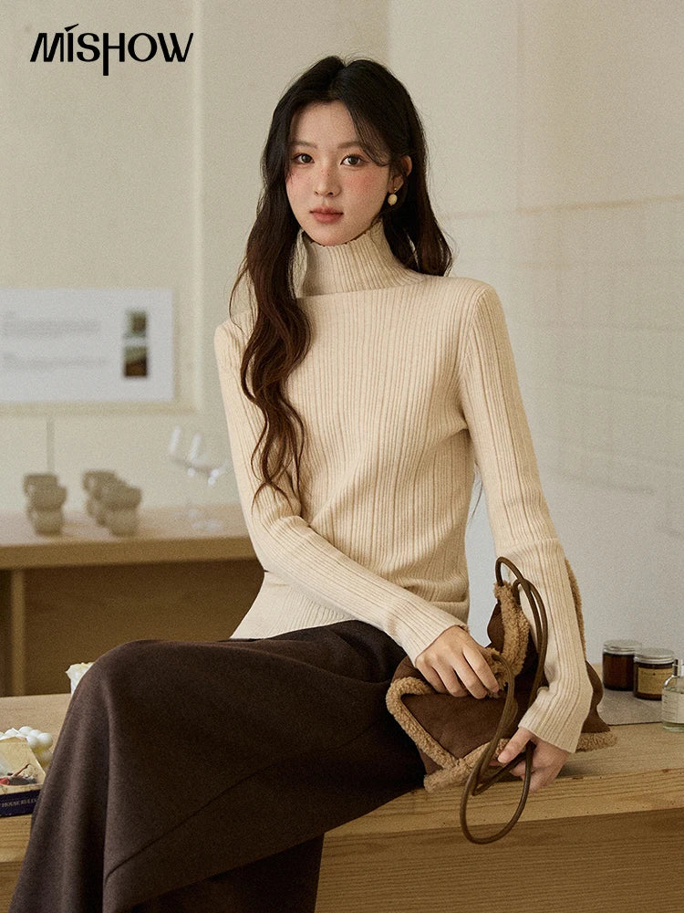 Mishow Solid Turtleneck Vertical Ribbed Slim Top MXE86Z2656