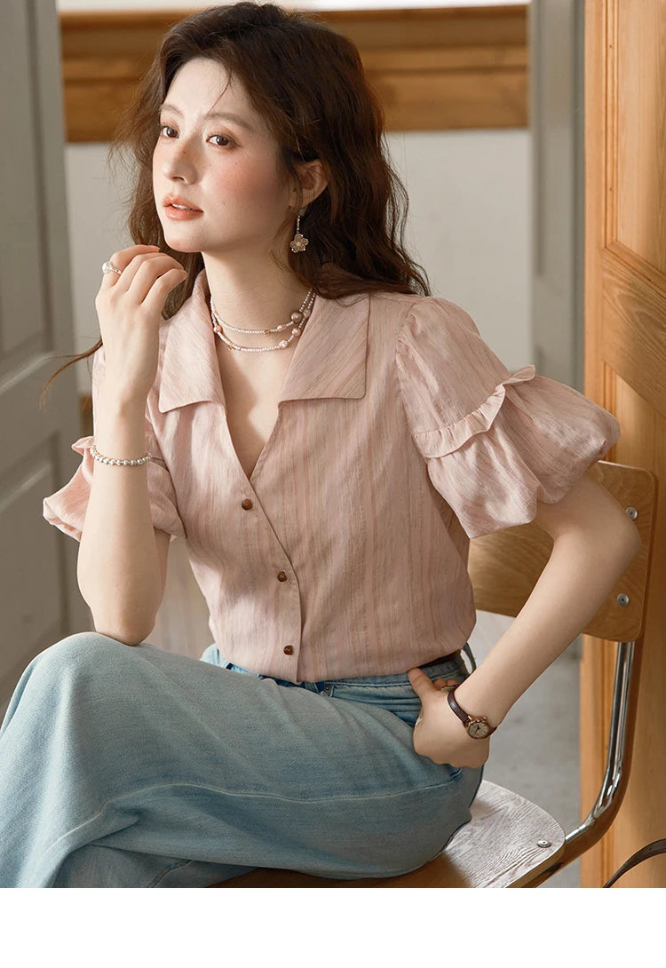 MISHOW Puff Sleeve Striped Shirt Turn-Down Collar Retro MXE37C0808