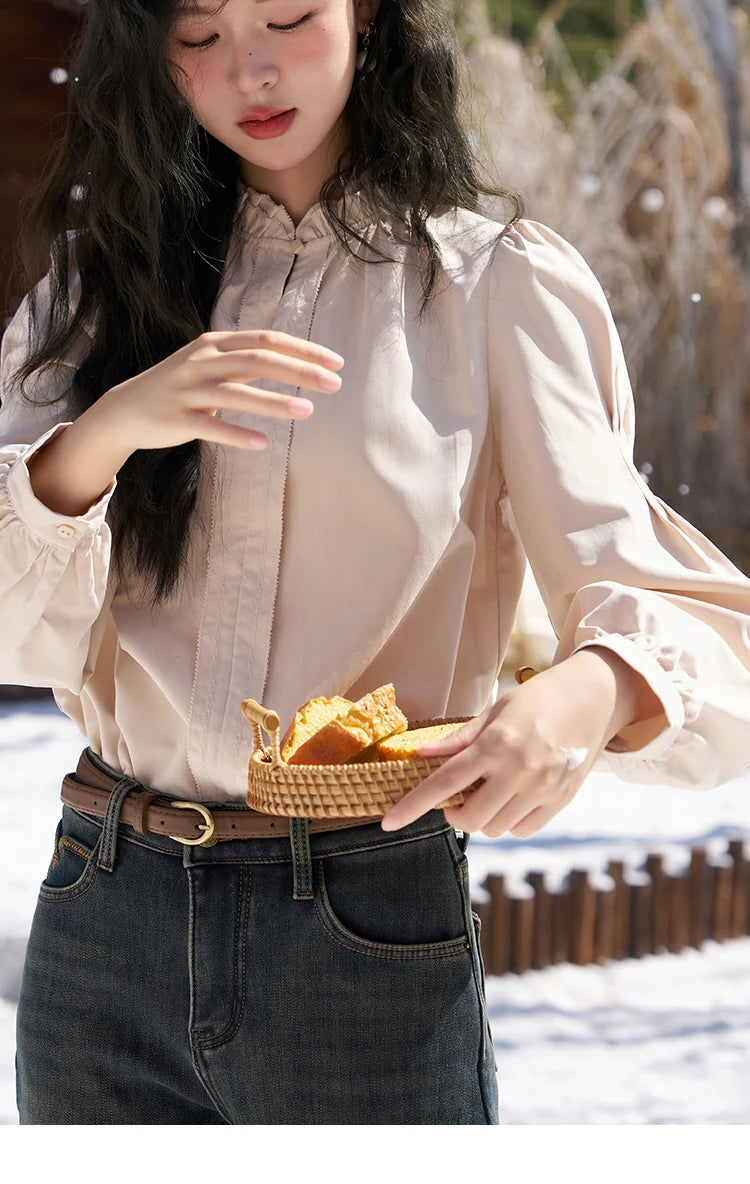 MISHOW Button Up Lantern Sleeve Shirt Ruffle Neck MXC56X1320