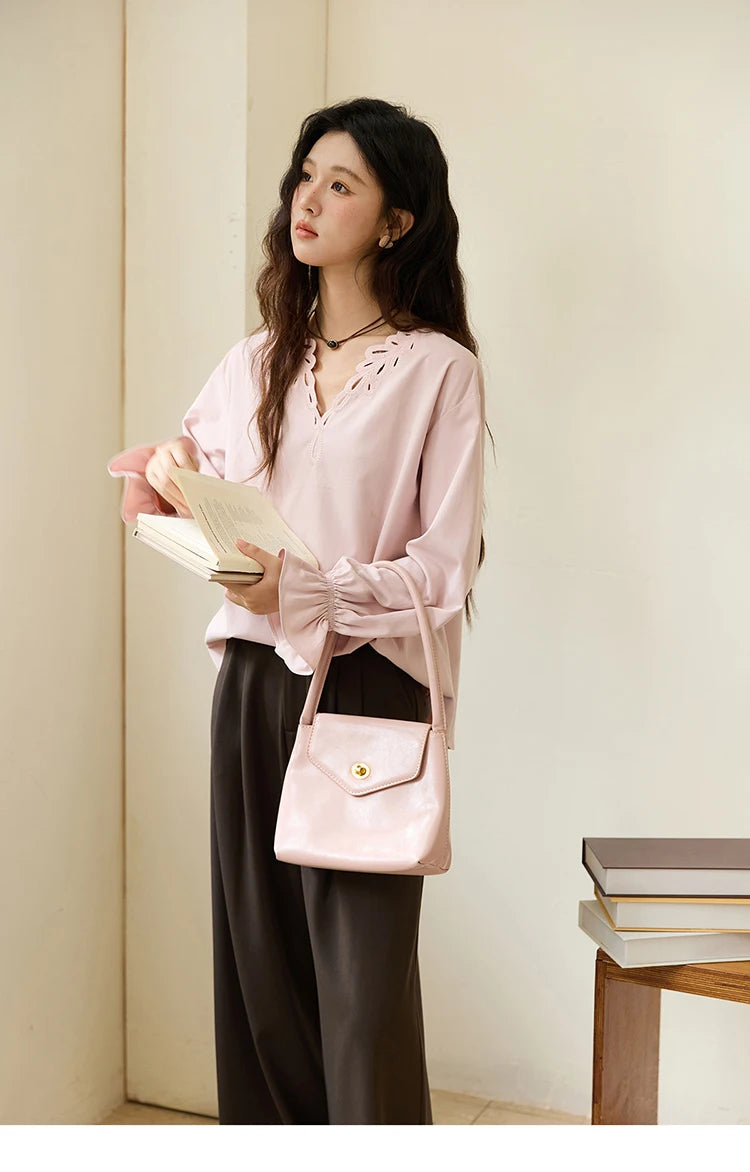 MISHOW French Style Hollow Out V-Neck Pink Blouse Long Sleeves MXE48X2502