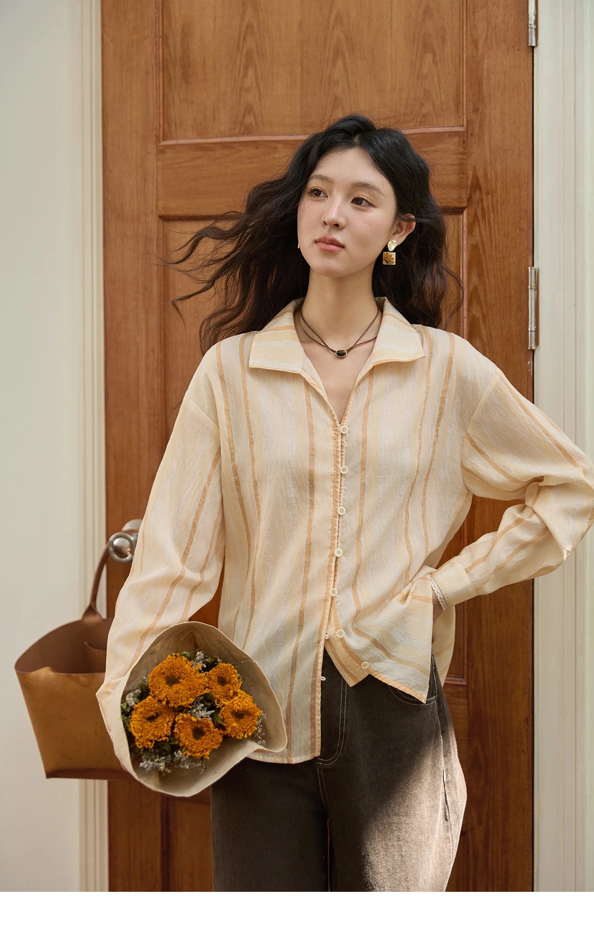 MISHOW Orange Stripe Linen Shirt Lapel Collar Lace Trim Cuffs MXE43C2379