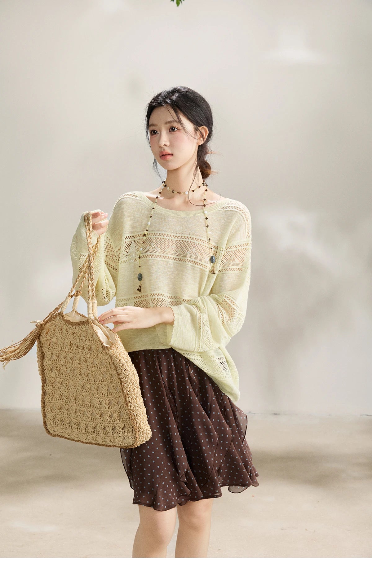 Mishow Pale Yellow Crew Neck Hollow Top MXF13Z3020