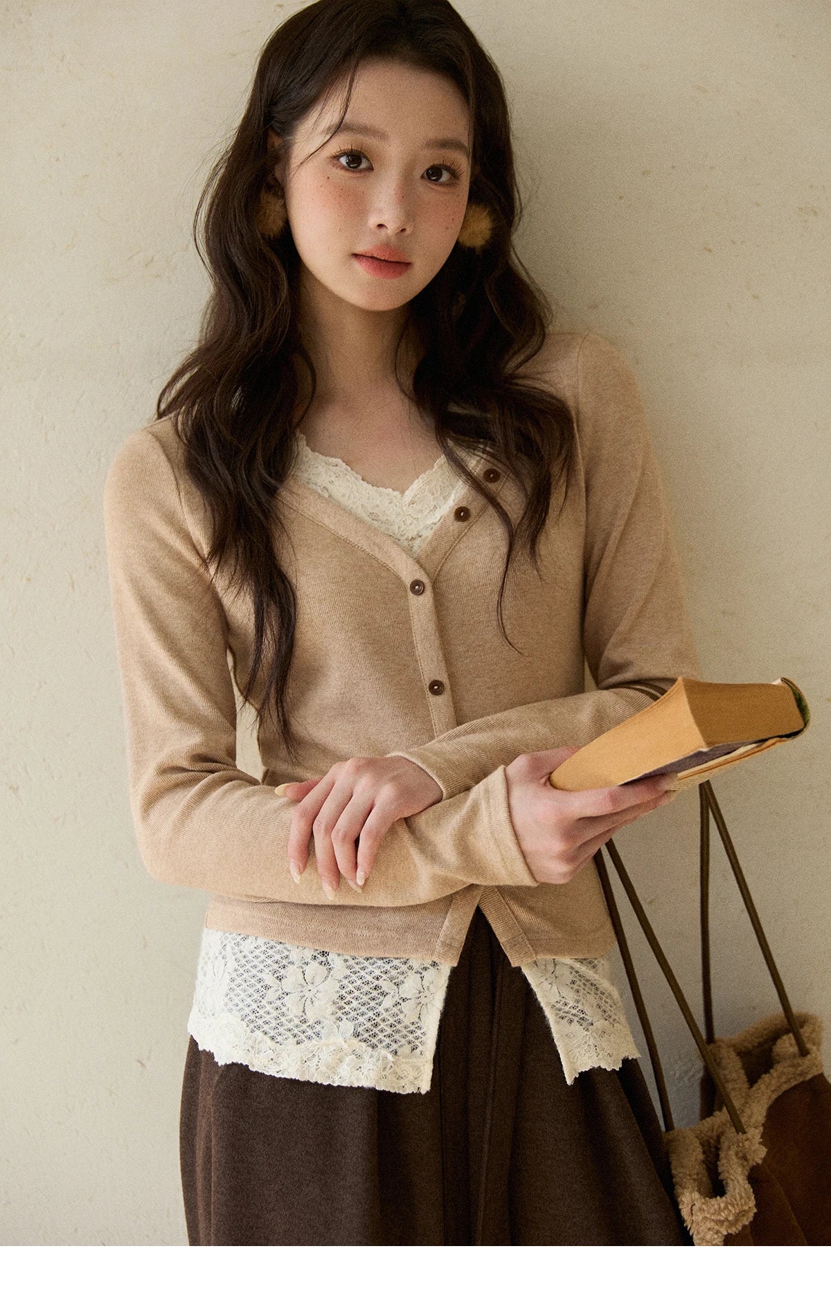 Mishow V-Neck Lace Trim Knit Top MXE86Z2673