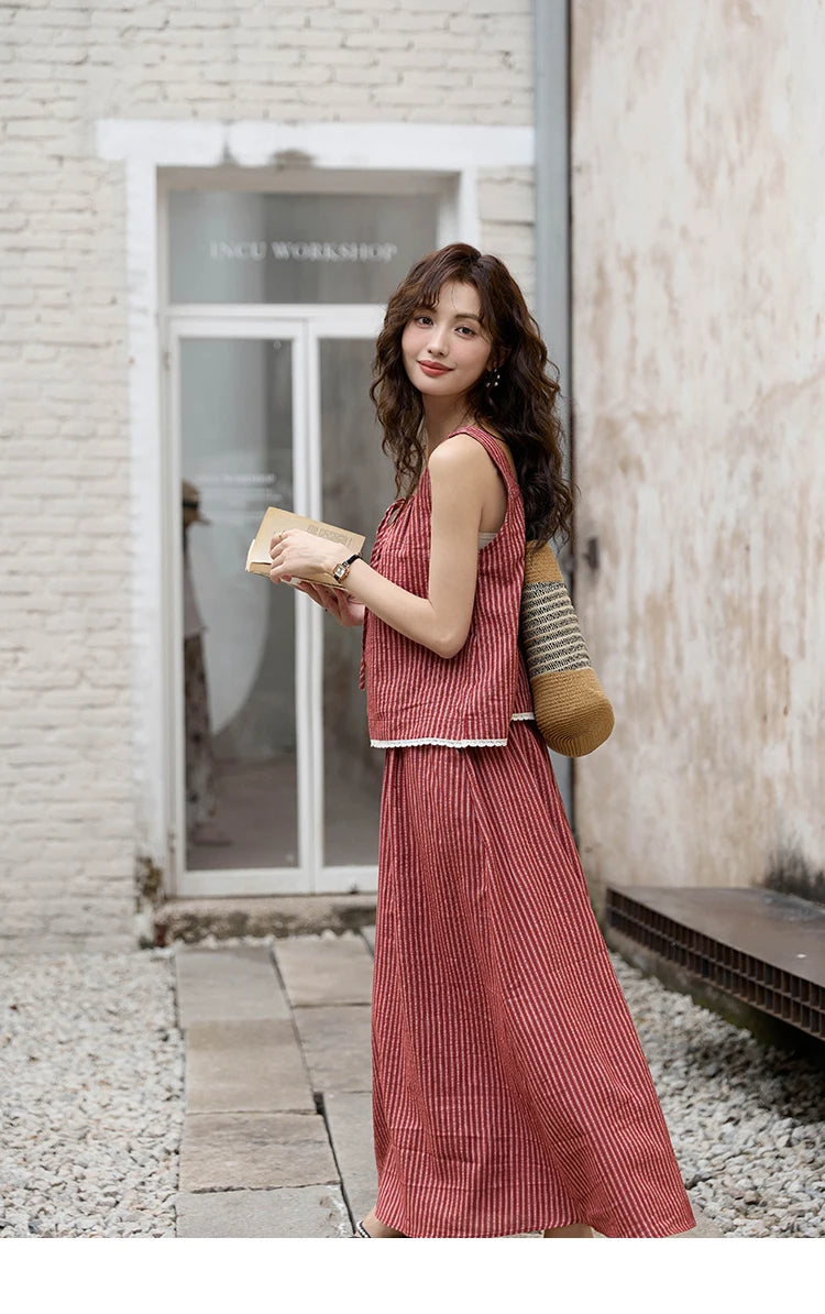 Mishow French Red Stripe Square Neck Tank & Elastic Waist Skirt Set MXD30X1631