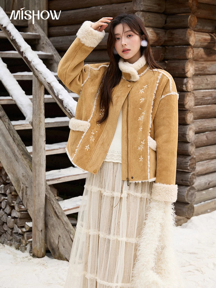 MISHOW Floral Embroidered Fur Jacket Plush Lapel Zipper MXE87W0918