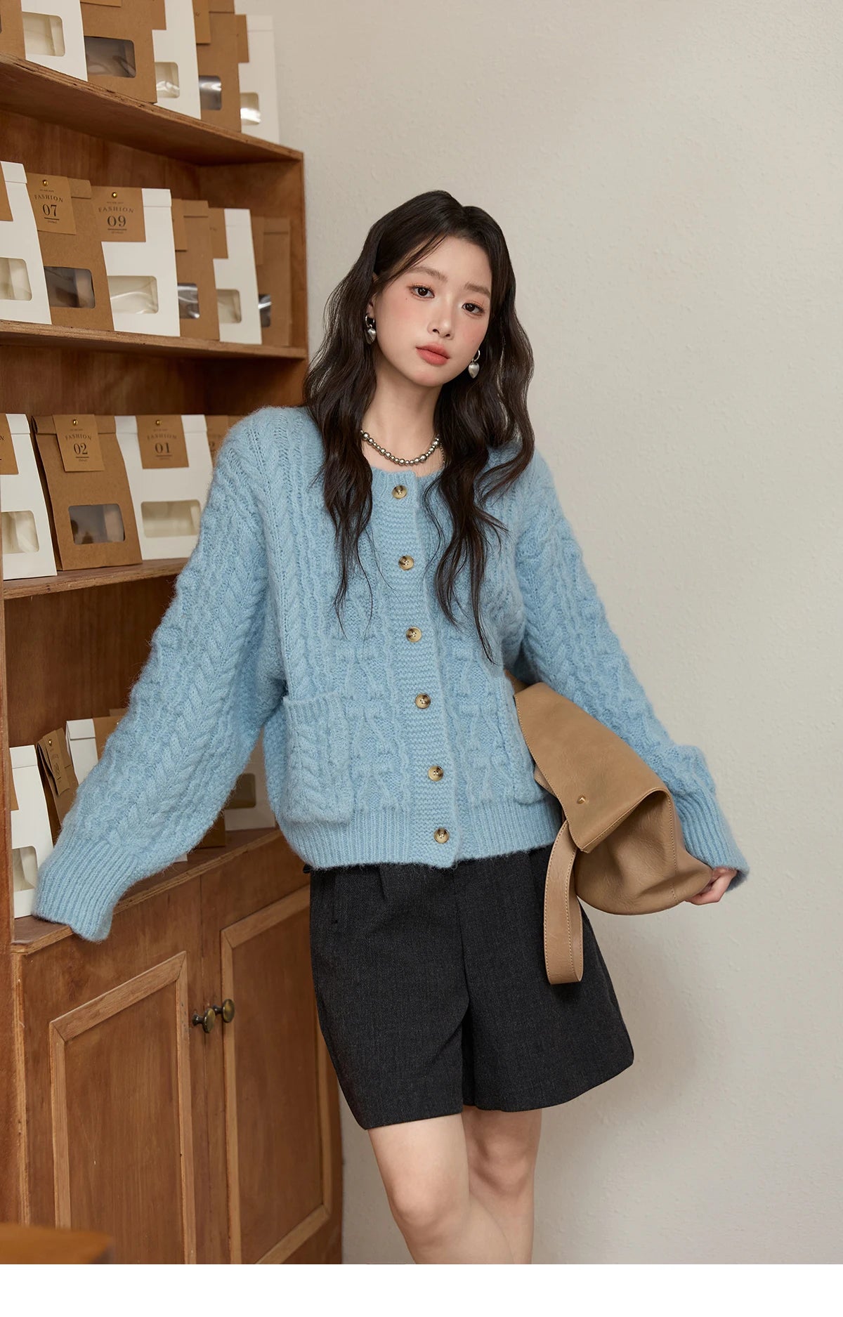 Mishow Light Blue Retro Crew Neck Pocket Cardigan MXE49Z2614