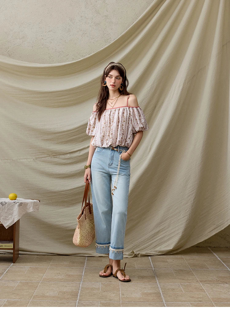 MISHOW One-Shoulder Floral Blouse Short Sleeve Contrast MXE31X1767