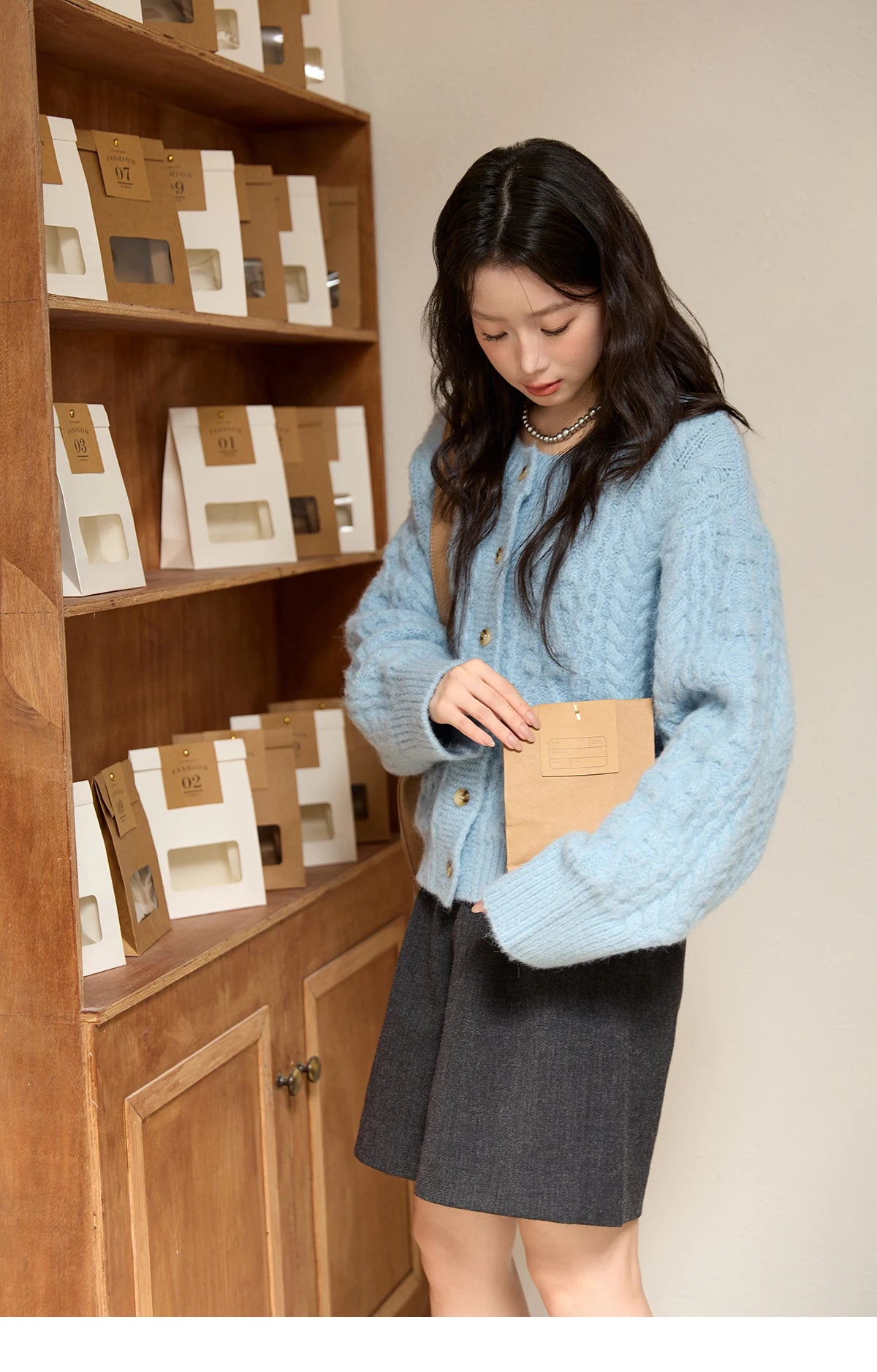Mishow Light Blue Retro Crew Neck Pocket Cardigan MXE49Z2614