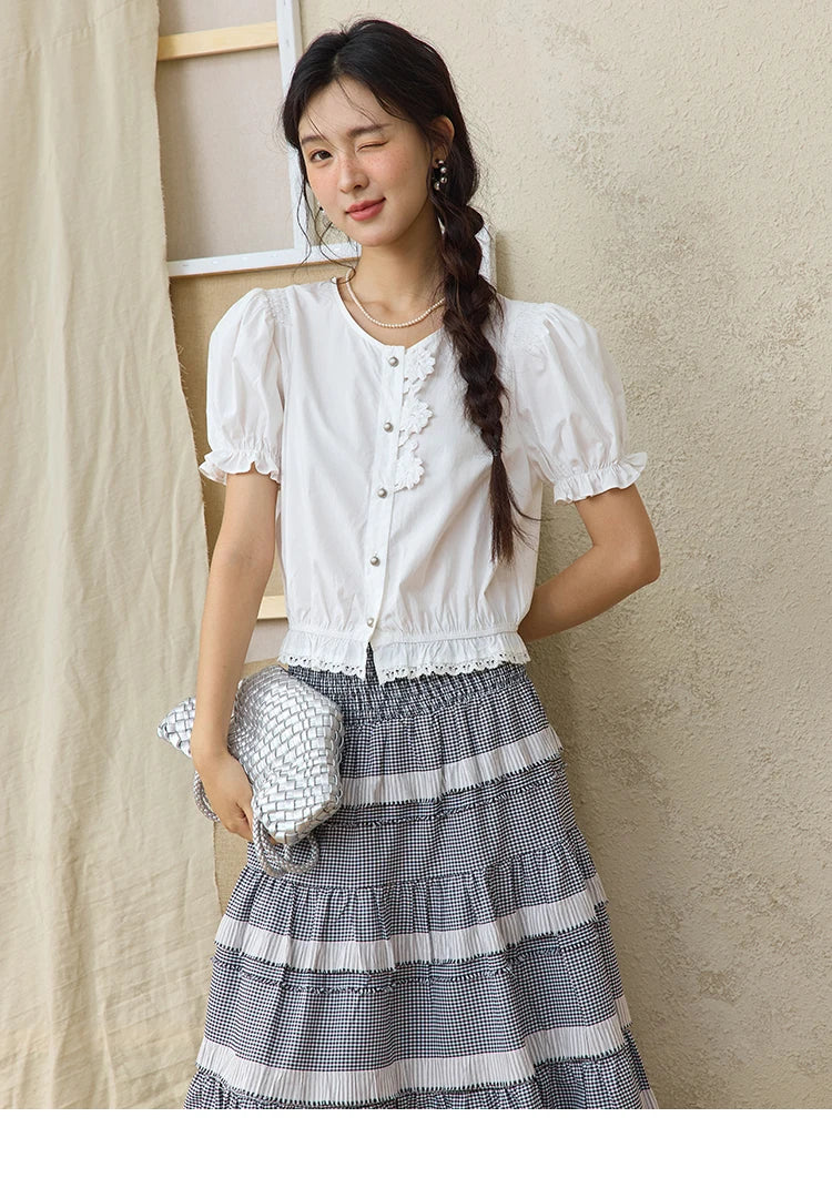 MISHOW Lace Puff Sleeve Shirt Flower Buttons Hem Elastic MXE34X1820