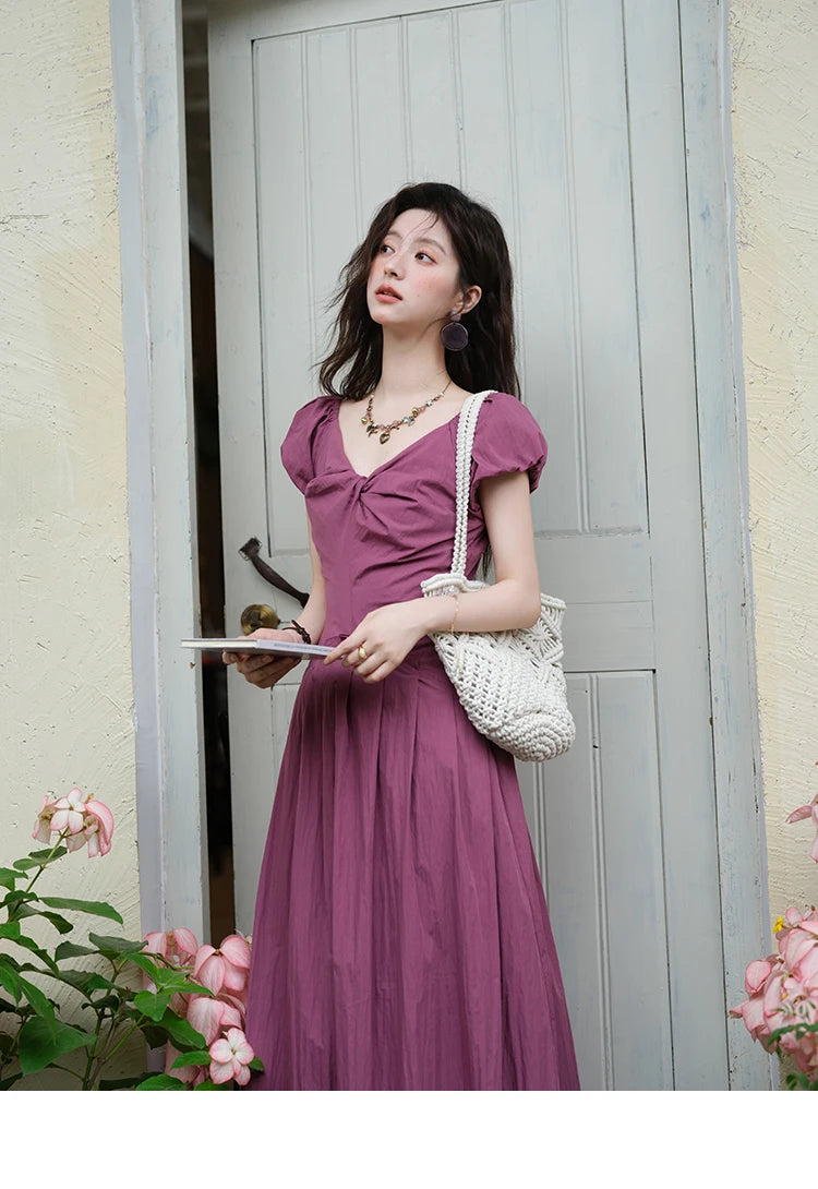 Mishow V-Neck Puff Sleeve Solid Vacation Dress MXE39L2384