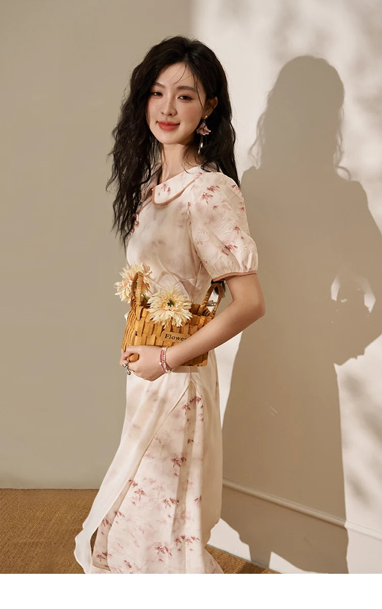 Mishow Chinese Doll Collar Pink Bamboo Print Dress MXD22L1829