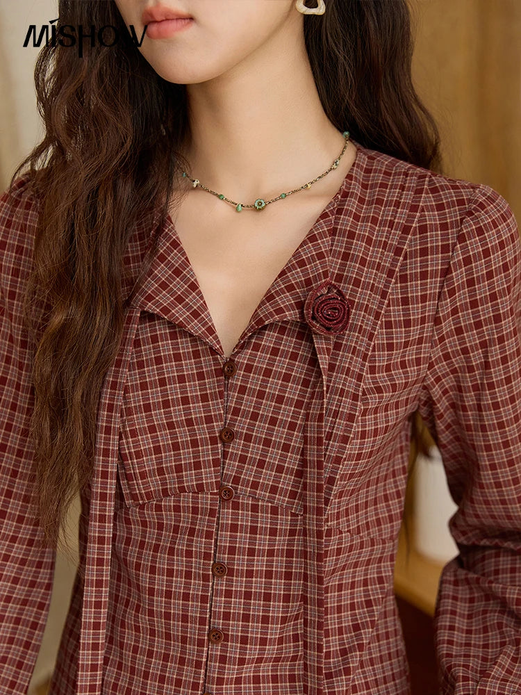 MISHOW Red Tied Plaid Shirt 3D Floral Detail MXE45X2481