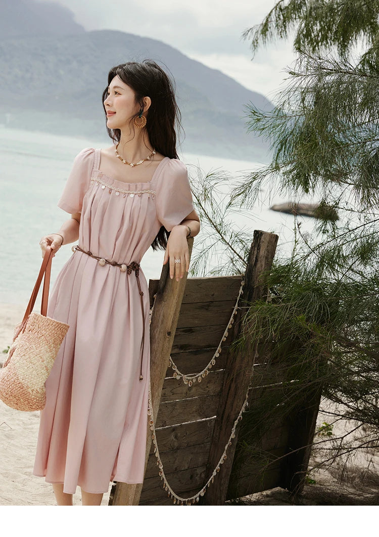 Mishow Bohemian Pink Square Collar Belt Dress MXE33L2158
