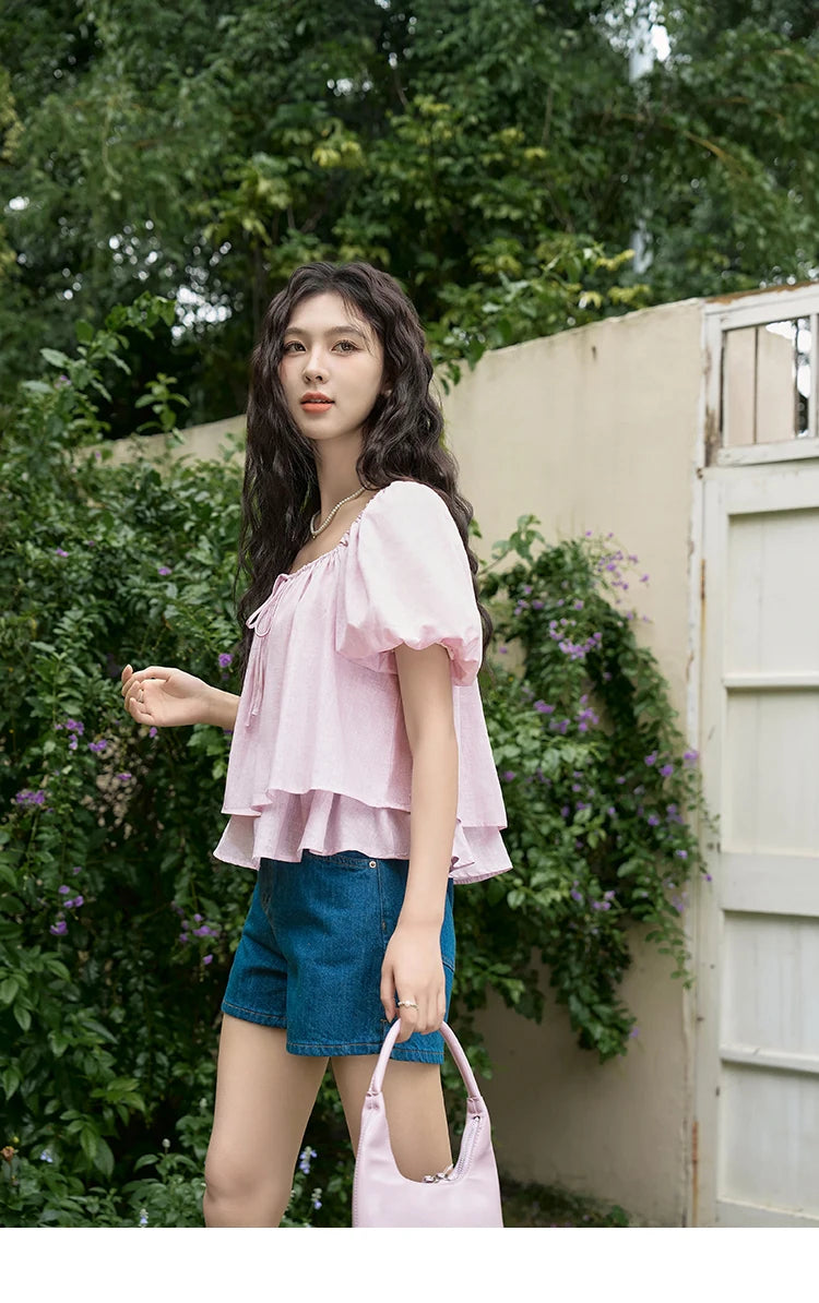 MISHOW Square Neck Blouse Tied Lantern Sleeve Double Layered Hem MXD26X1551