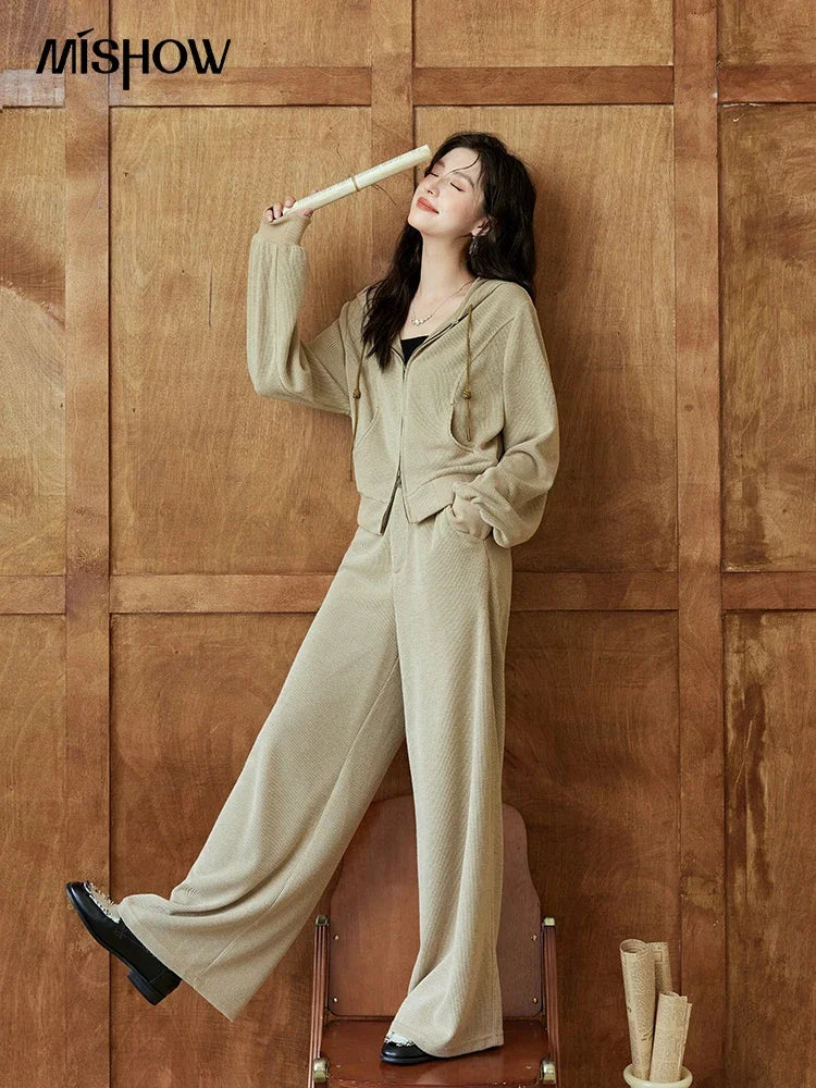 Mishow Hooded Double Zipper Sweatshirt & Straight Leg Pants Set MXD44Z0794