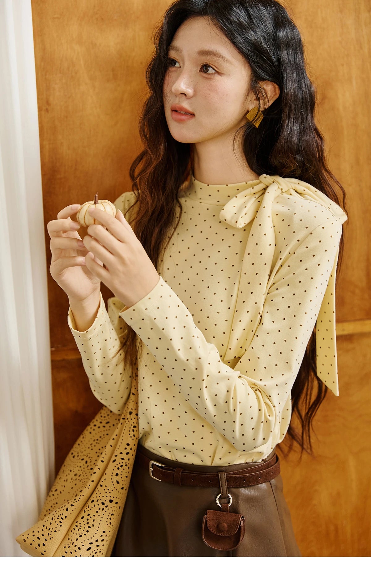Mishow Yellow Polka Dot Lace Up Collar Pullover MXE45Z1379