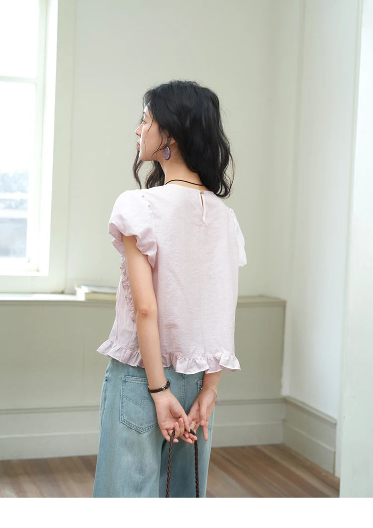 MISHOW Fungus Edge Puff Sleeve Blouse O-Neck Loose MXE39X1941