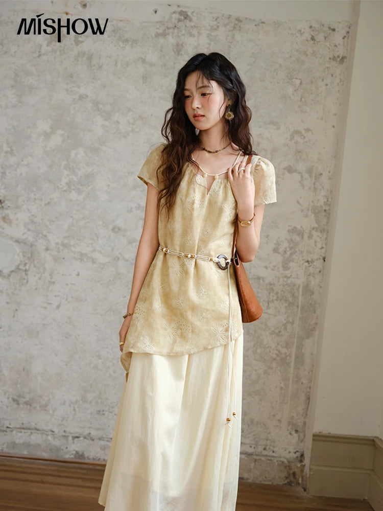 Mishow Butterfly Embroidery Splicing Belt Dress MXE36L2250