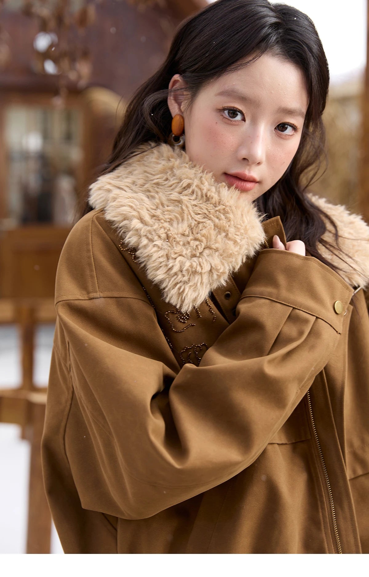 MISHOW Brown Suede Jacket Detachable Fur Collar Zipper MXE51W0876