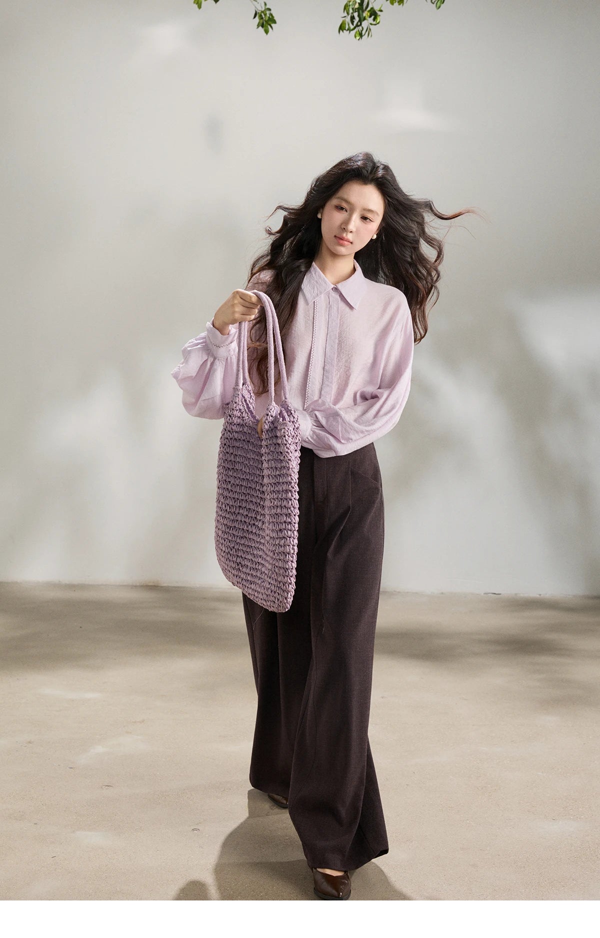 MISHOW Lapel Lantern Sleeve Shirt Lace Trim Loose MXF13C2436