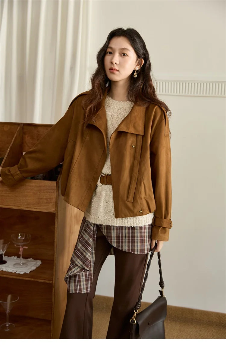 MISHOW Vintage Suede Short Jacket Brown Lapel Zipper MXE45W0869