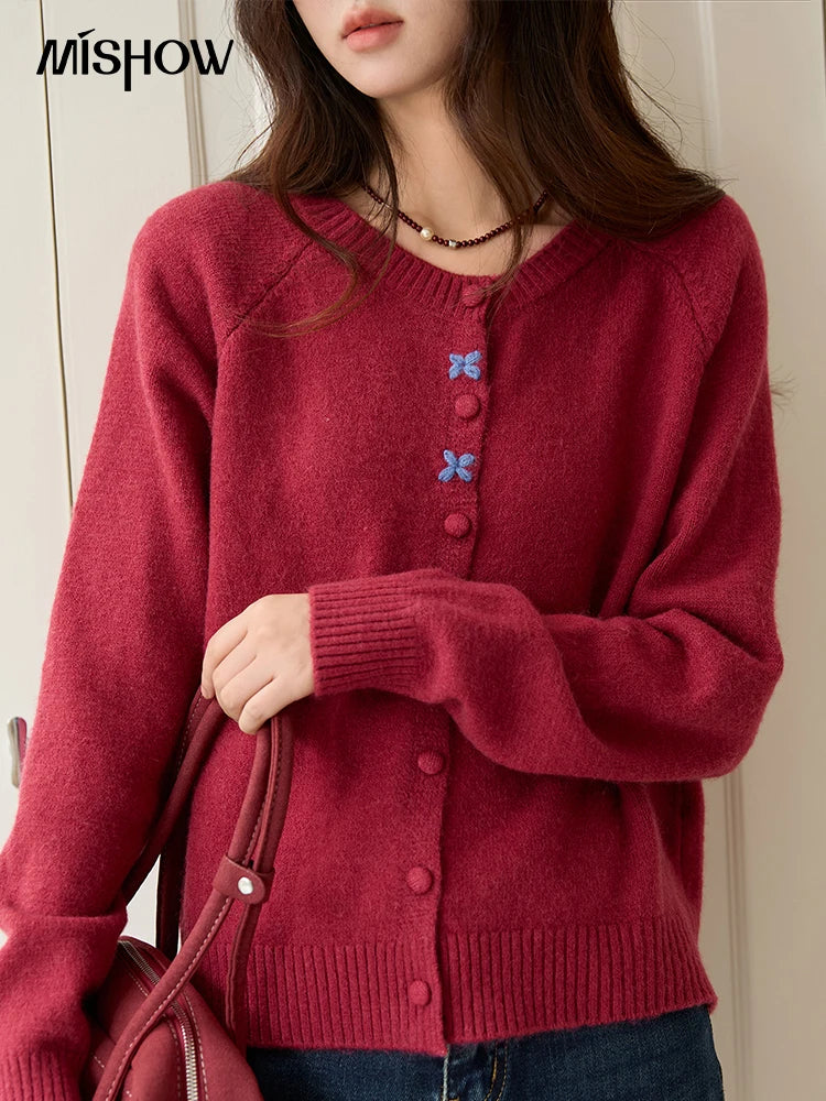 Mishow Red Round Neck Embroidered Cardigan MXE47Z2621