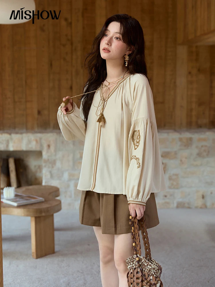 MISHOW Apricot Embroidered Blouse Tassels Lantern Sleeves MXE41X1940