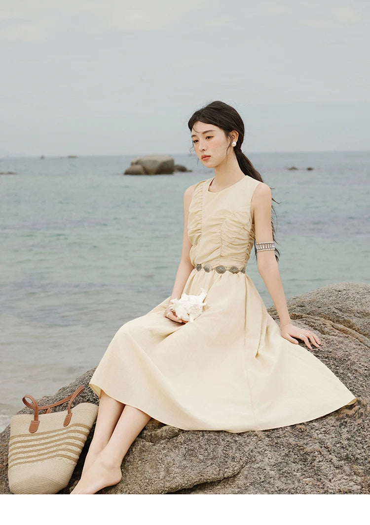 Mishow Solid Sleeveless Belted Office Dress MXE31L2188