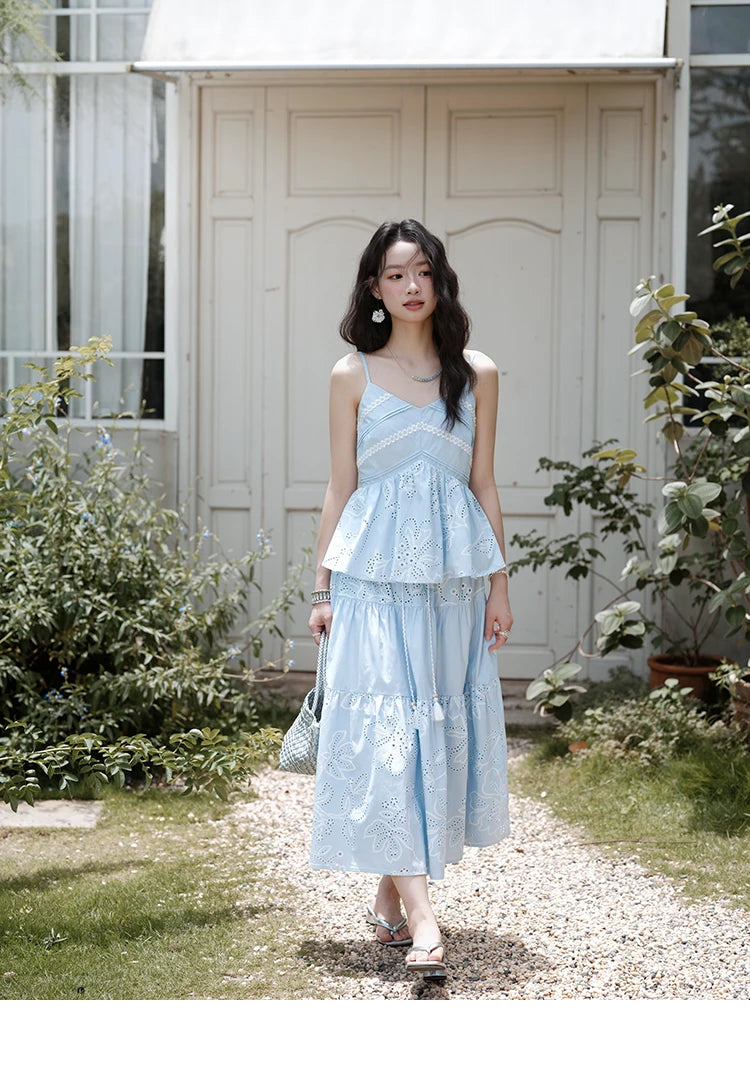Mishow Strap V-Neck Embroidery Top & Drawstring Skirt Set MXE34T0624