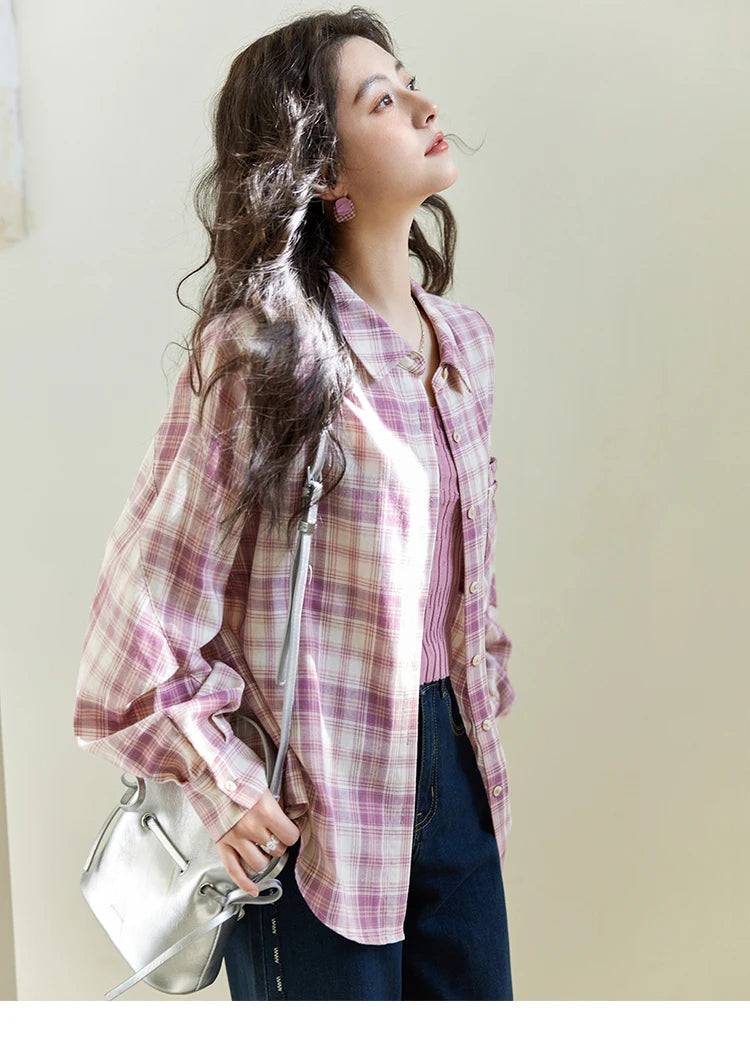 MISHOW Purple Plaid Cotton Shirt Polo Neck Pockets MXE14C0417