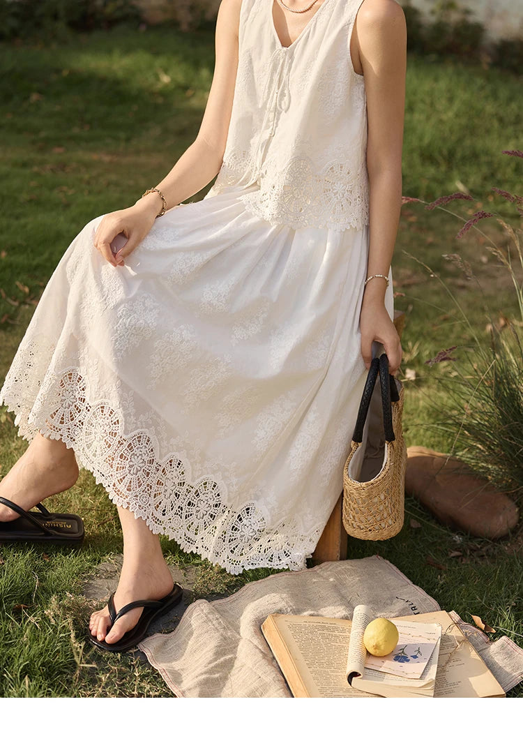 Mishow Embroidery V-Neck Lace Up Top & Elastic Waist Skirt Set MXE33T0593