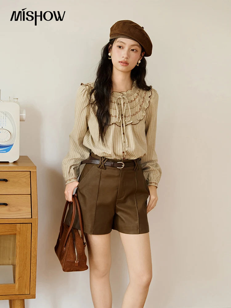 MISHOW Striped Shirt Wood Ear Edge Round Neck Embroidery MXE46X2492