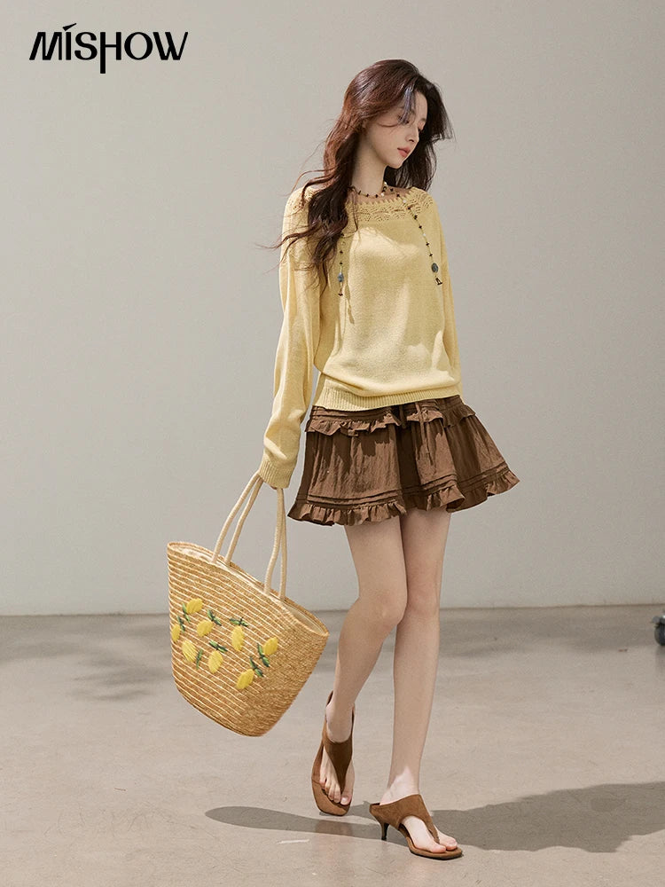 Mishow Yellow Hollow Lace Trim Boat Neck Sweater MXF15Z3050