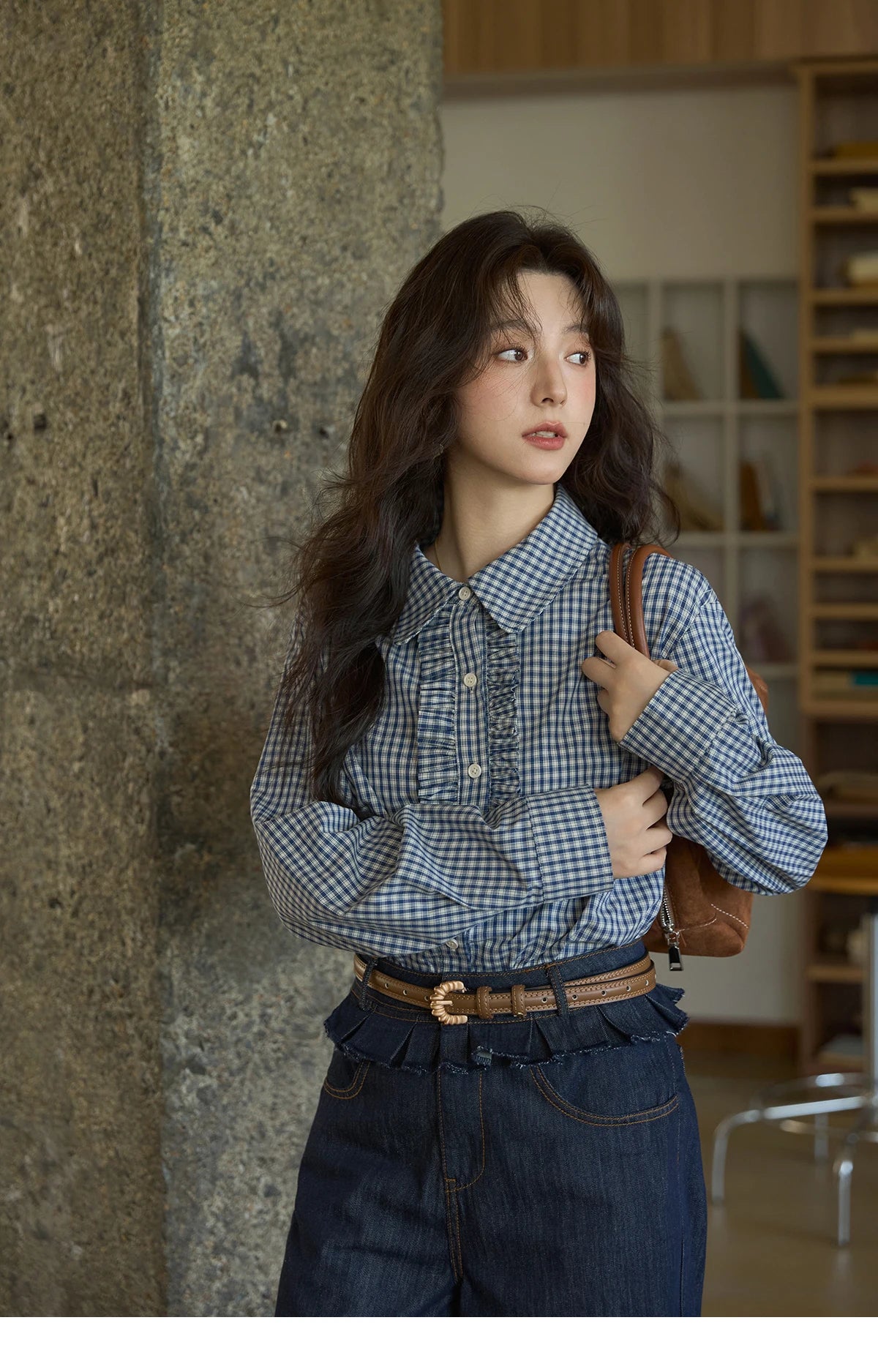 MISHOW Blue Plaid Cotton Shirt Doll Collar Dropped Shoulder MXE44C2391