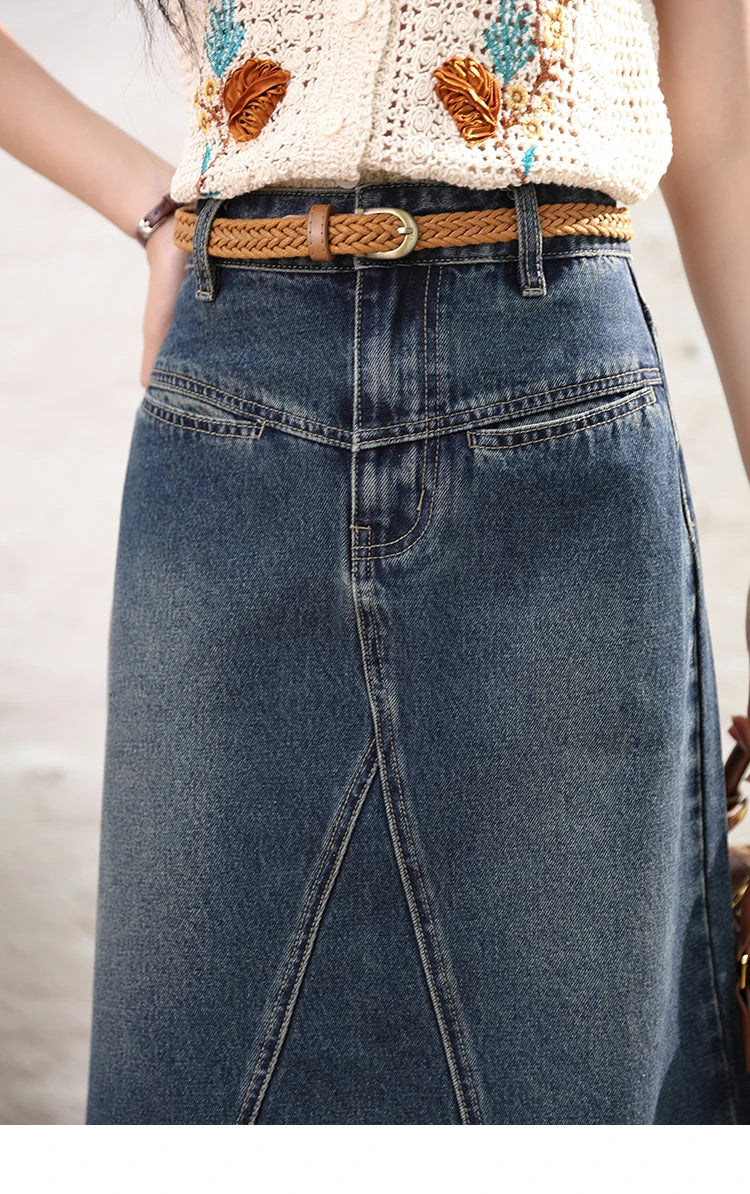MISHOW Denim Fishtail Skirt Love Embroidered Pockets A-Line MXD28B0414
