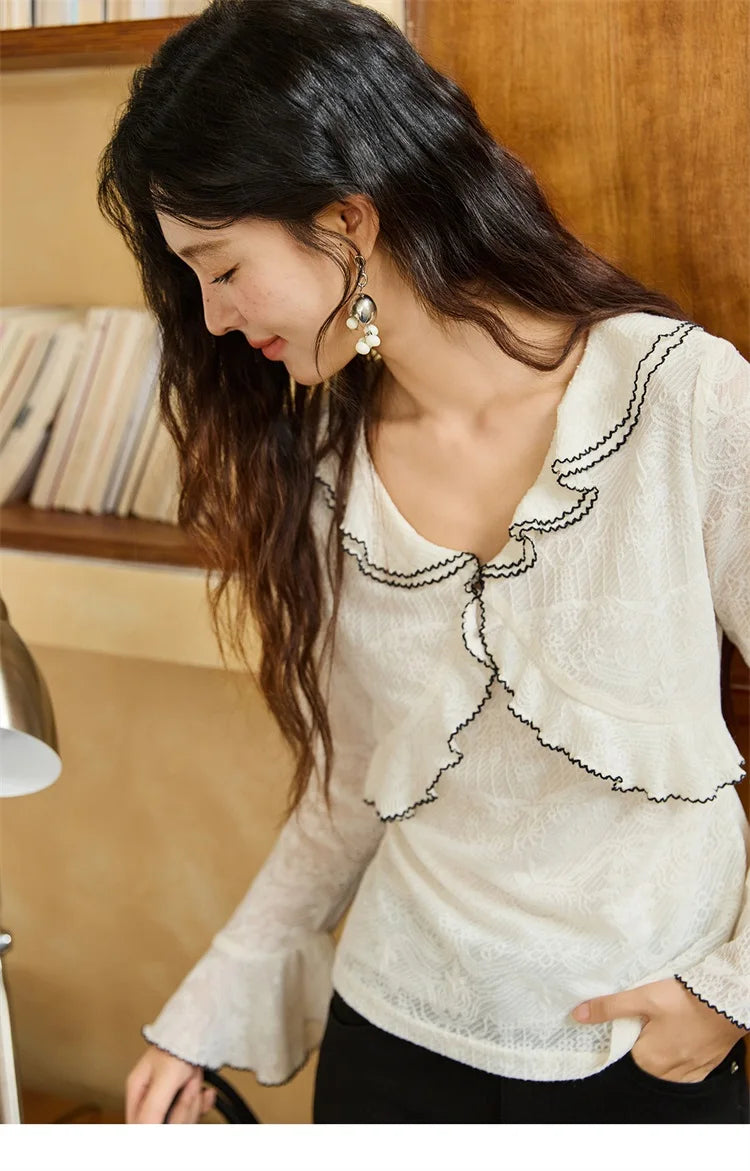 MISHOW Lace Blouse V-Neck Ruffle Edge Contrast Embroidery Flare Sleeve MXE45X2483