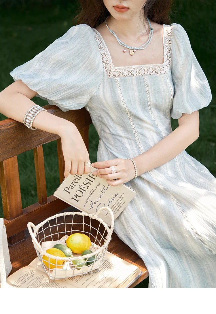 Mishow Striped Square Neck Lace Hollow Dress MXE39L2403