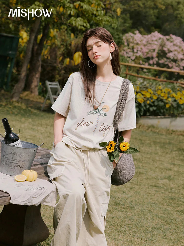 MISHOW Apricot Cargo Pants Lace Patchwork Drawstring Elastic MXE33K0935