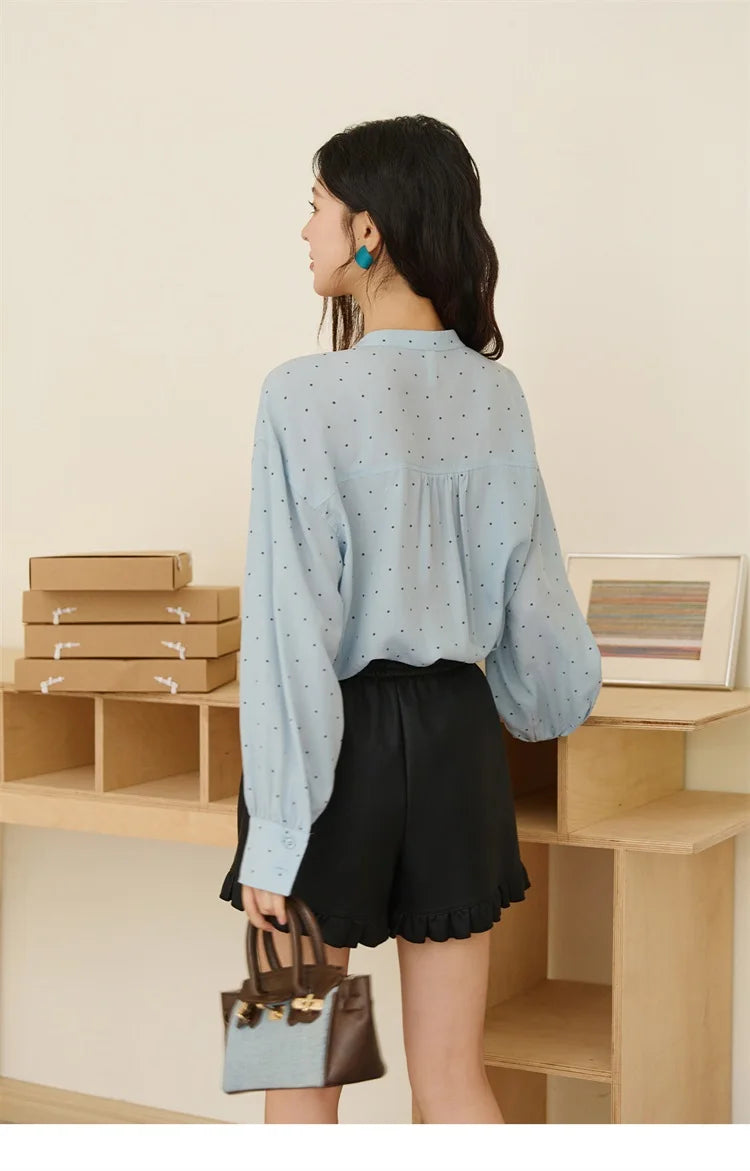 MISHOW Blue Polka Dot Shirt Bow Collar Long Sleeve MXE45X2475