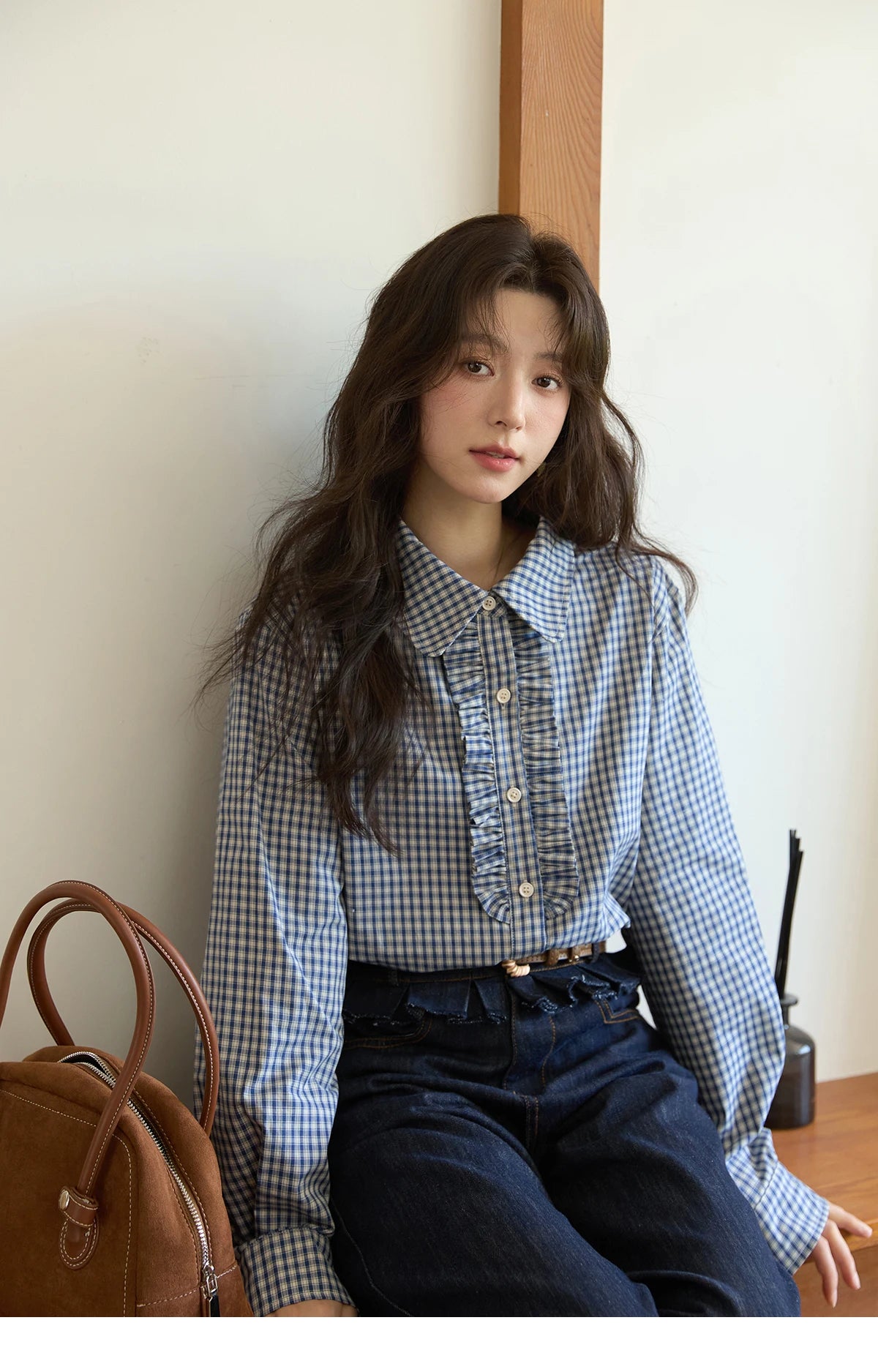 MISHOW Blue Plaid Cotton Shirt Doll Collar Dropped Shoulder MXE44C2391