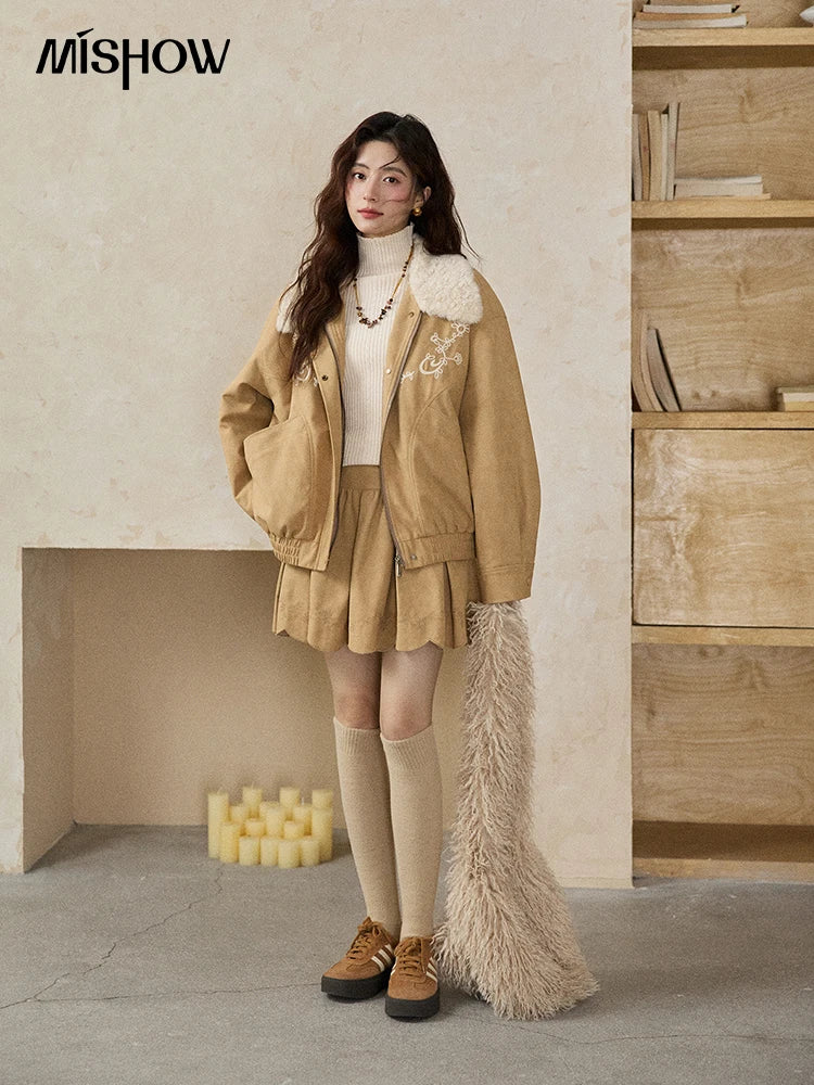Mishow French Yellow Floral Embroidered Plush Zip-Up Coat MXE87W0932
