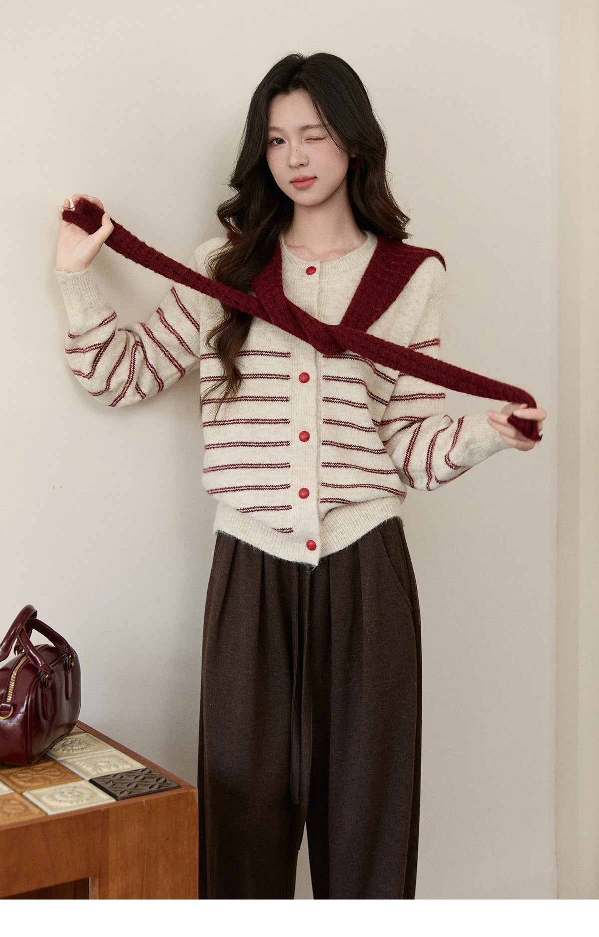 Mishow Beige Striped Red Scarf Button Cardigan MXE93Z2948