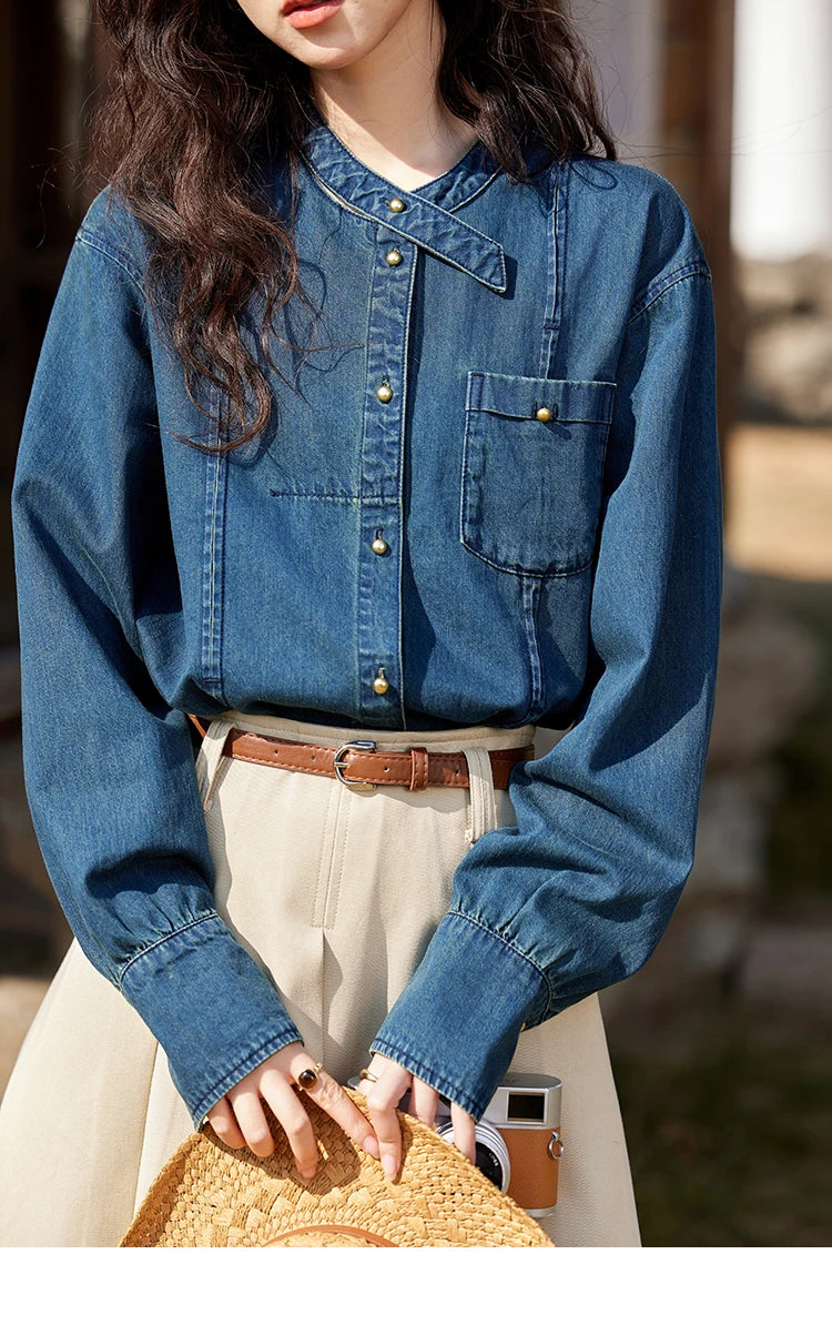 MISHOW 100% Cotton Denim Shirt O-Neck Loose Fit MXE12C0384