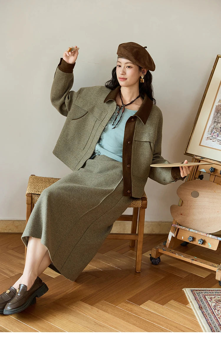 Mishow Contrast Suede Patchwork Wool Coat MXE46W0844