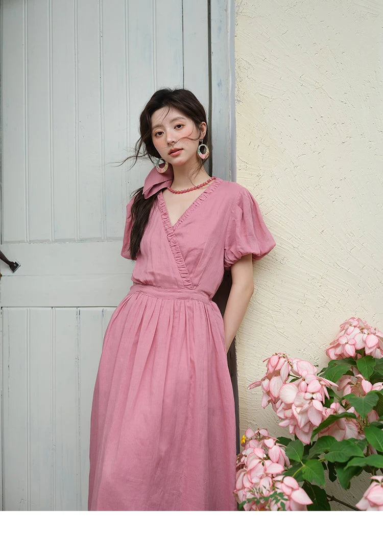 Mishow V-Neck Puff Sleeve Pocket Sash Dress MXE39L2381