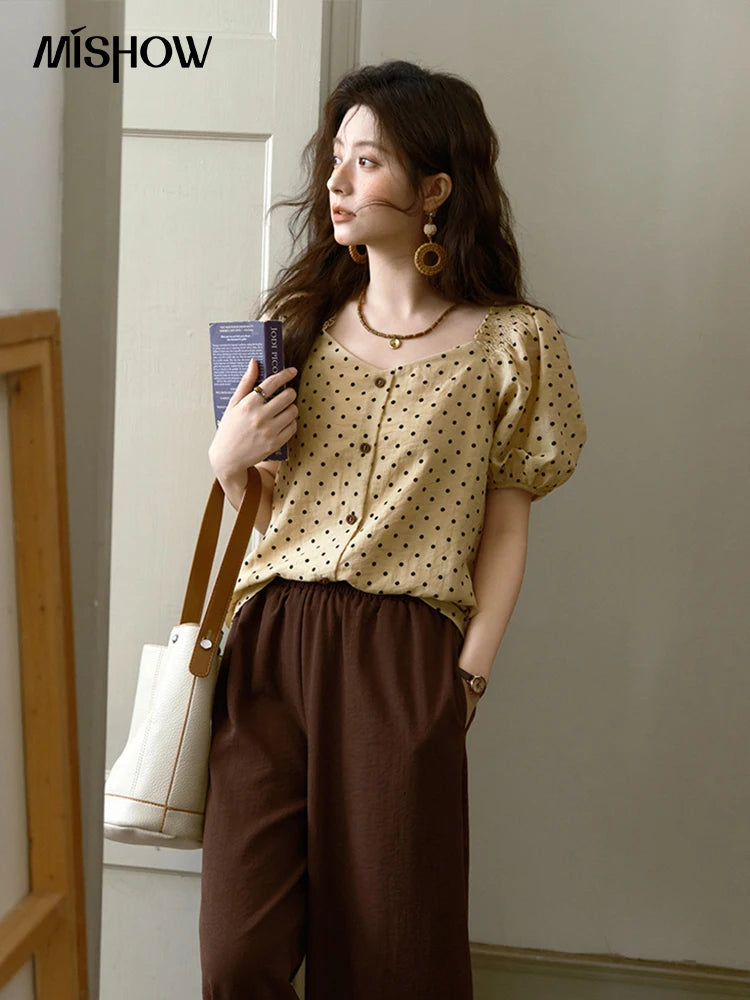 MISHOW Polka Dot Puff Sleeve Blouse V-Neck Button MXE37X1859