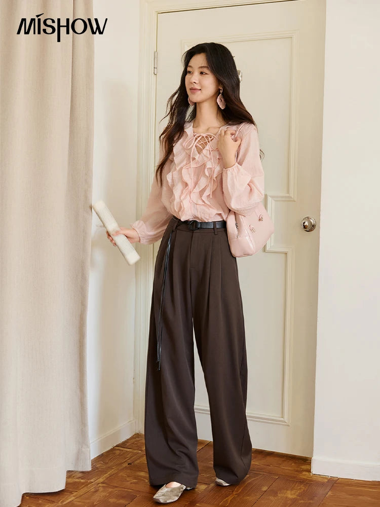 MISHOW Pink Ruffled Blouse V-Neck Lace Up Lantern Sleeve MXE49X2504