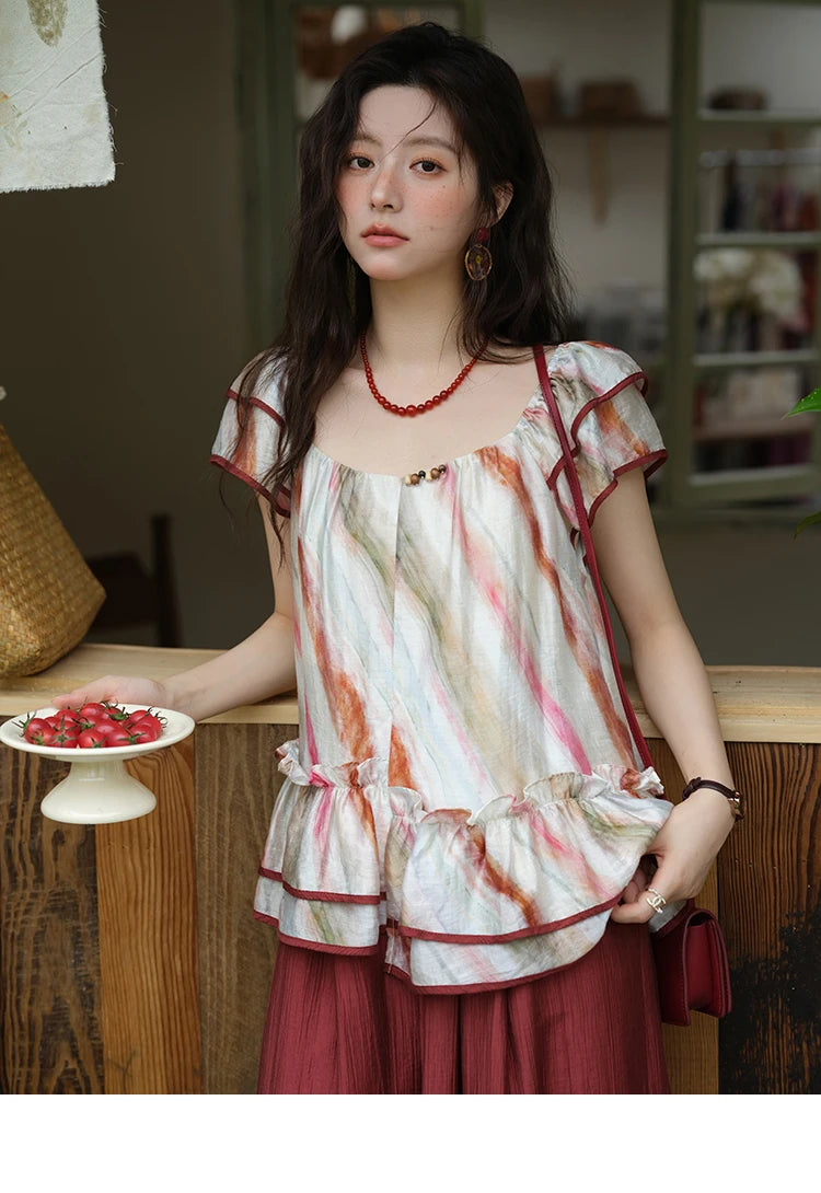 MISHOW Retro Stripe Print Blouse O-Neck Butterfly Sleeve MXE38X1862
